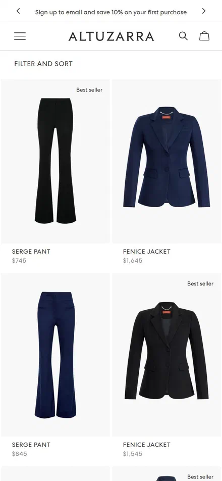 Altuzarra collection: all full price products on mobile, Shopify luxury fashion storefront captured at 390 x 844