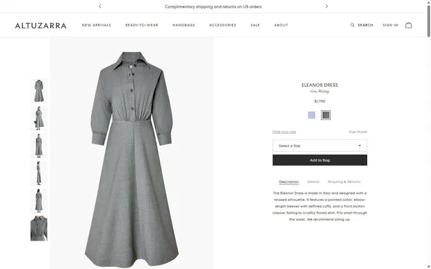 Altuzarra product page on desktop, Shopify luxury fashion storefront captured at 1440 x 900