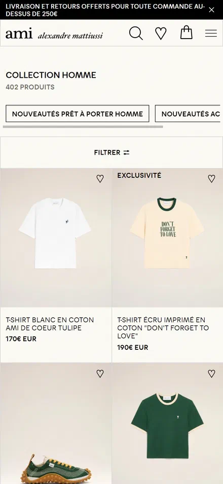 Ami Paris collection: collection homme on mobile, not disclosed luxury fashion storefront captured at 390 x 844