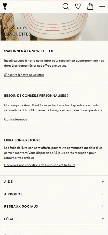 Ami Paris homepage on mobile, not disclosed luxury fashion storefront captured at 390 x 844