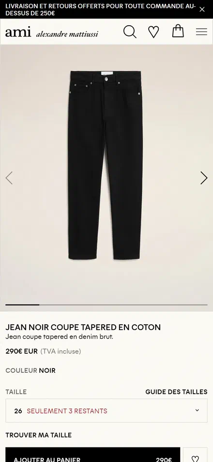 Ami Paris product page on mobile, not disclosed luxury fashion storefront captured at 390 x 844