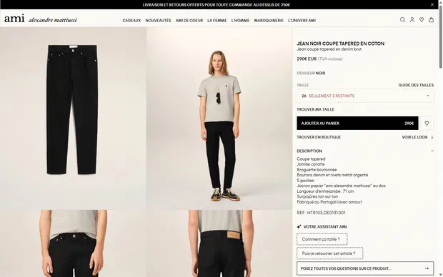Ami Paris product page on desktop, not disclosed luxury fashion storefront captured at 1440 x 900