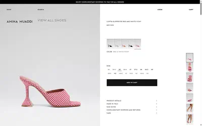 Amina Muaddi product page on desktop, Shopify luxury footwear storefront captured at 1440 x 900