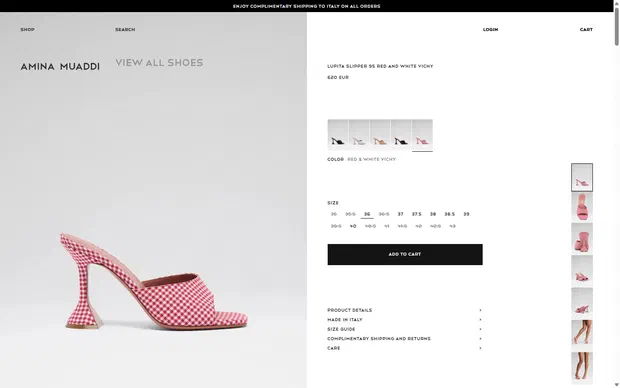 Amina Muaddi product page on desktop, Shopify luxury footwear storefront captured at 1440 x 900