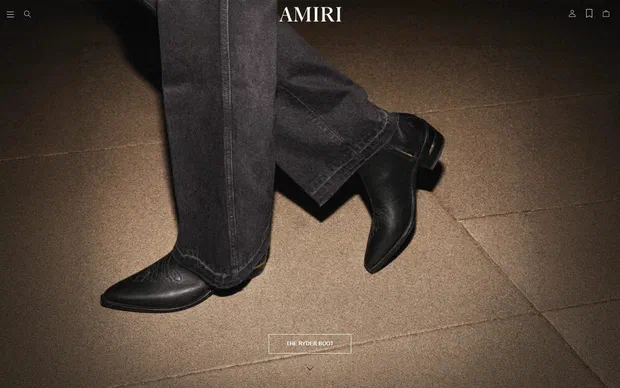 Amiri homepage on desktop, Shopify luxury fashion storefront captured at 1440 x 900
