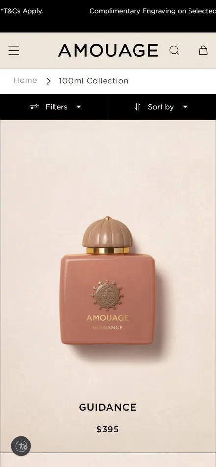 Amouage collection: 100ml collection on mobile, not disclosed luxury beauty storefront captured at 390 x 844