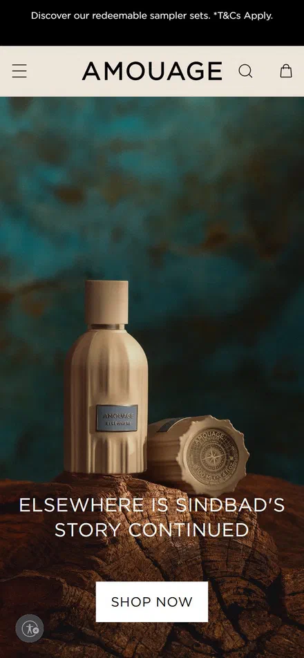 Amouage homepage on mobile, not disclosed luxury beauty storefront captured at 390 x 844