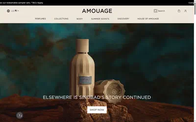 Amouage homepage on desktop, not disclosed luxury beauty storefront captured at 1440 x 900