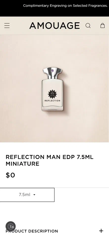 Amouage product page on mobile, not disclosed luxury beauty storefront captured at 390 x 844