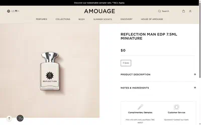 Amouage product page on desktop, not disclosed luxury beauty storefront captured at 1440 x 900
