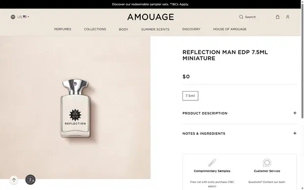 Amouage product page on desktop, not disclosed luxury beauty storefront captured at 1440 x 900