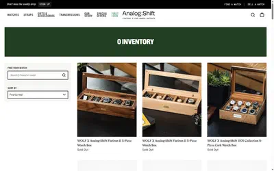 Analog Shift collection: 0 inventory on desktop, Shopify luxury retail storefront captured at 1440 x 900