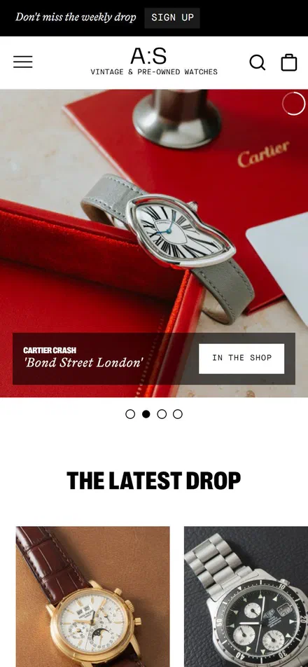 Analog Shift homepage on mobile, Shopify luxury retail storefront captured at 390 x 844