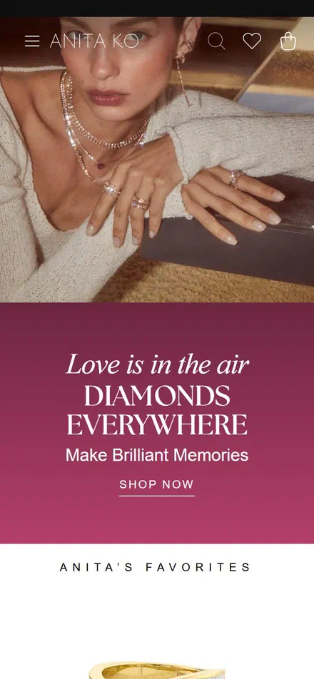 Anita Ko homepage on mobile, Shopify luxury jewelry storefront captured at 390 x 844