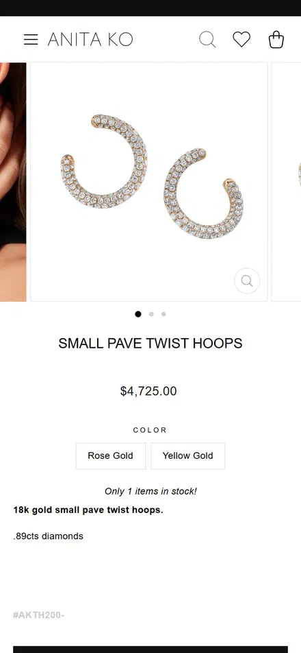 Anita Ko product page on mobile, Shopify luxury jewelry storefront captured at 390 x 844