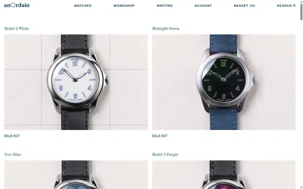 Anordain collection: archive on desktop, Shopify luxury watches storefront captured at 1440 x 900
