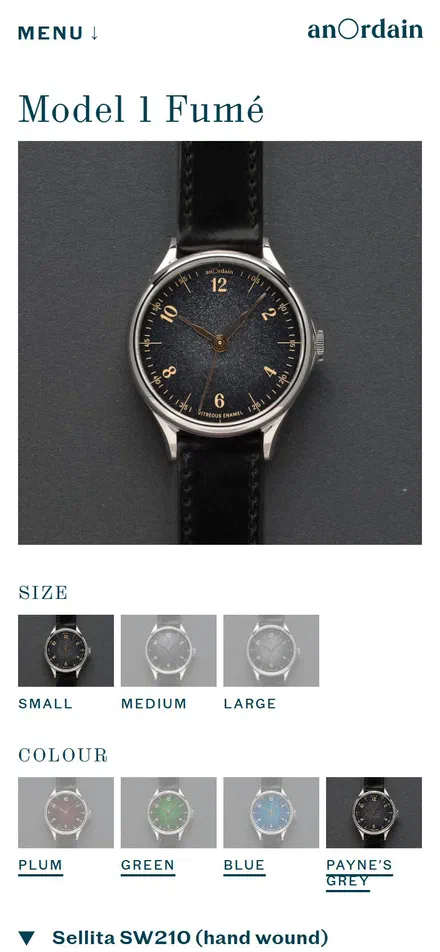 Anordain product page on mobile, Shopify luxury watches storefront captured at 390 x 844