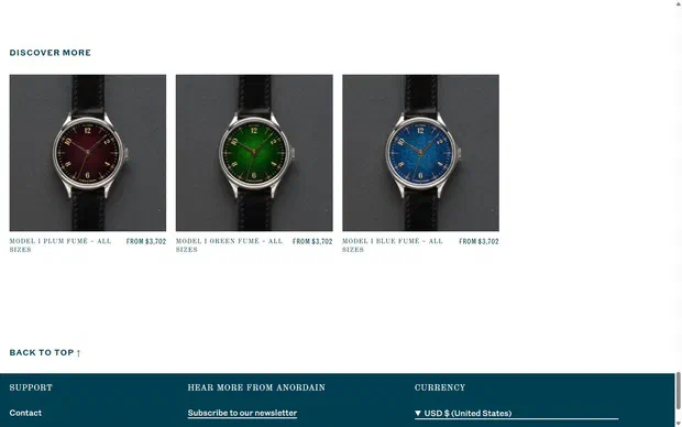 Anordain product page on desktop, Shopify luxury watches storefront captured at 1440 x 900