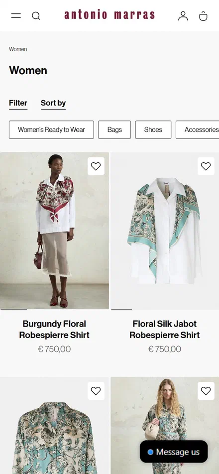Antonio Marras collection: 01-0-woman on mobile, Shopify luxury fashion storefront captured at 390 x 844