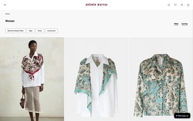 Antonio Marras collection: 01-0-woman on desktop, Shopify luxury fashion storefront captured at 1440 x 900