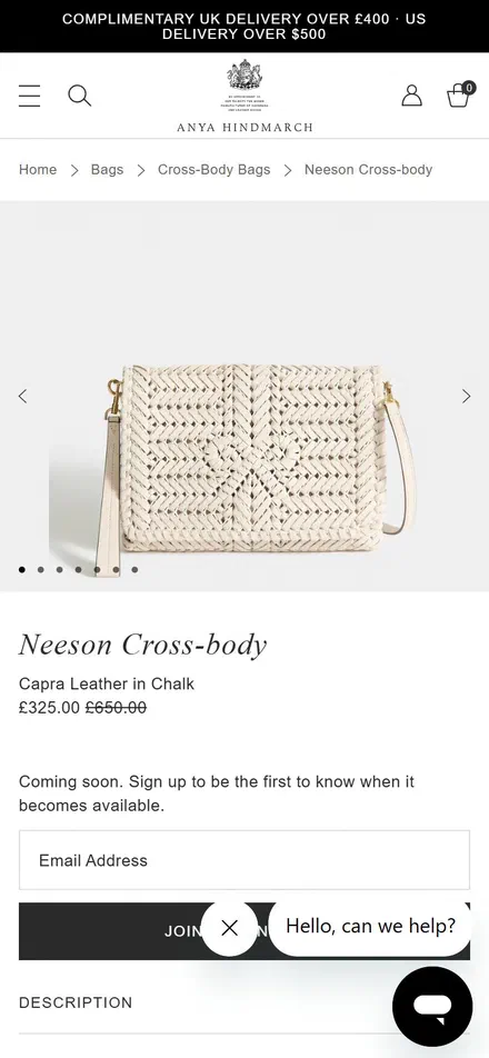 Anya Hindmarch product page on mobile, Shopify luxury leather goods storefront captured at 390 x 844