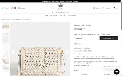 Anya Hindmarch product page on desktop, Shopify luxury leather goods storefront captured at 1440 x 900