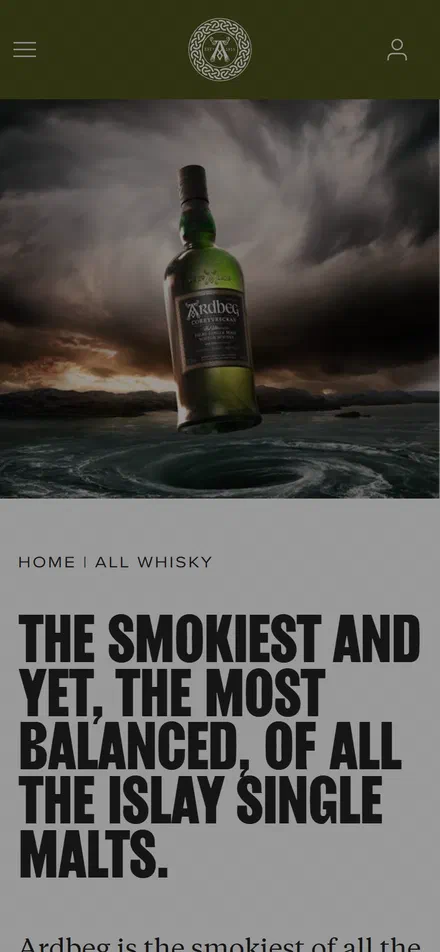 Ardbeg collection: all whisky on mobile, not disclosed luxury drinks storefront captured at 390 x 844