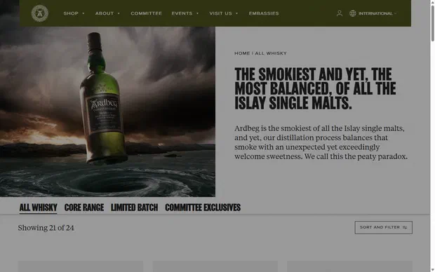 Ardbeg collection: all whisky on desktop, not disclosed luxury drinks storefront captured at 1440 x 900