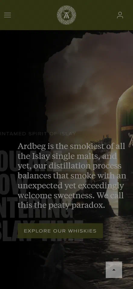 Ardbeg homepage on mobile, not disclosed luxury drinks storefront captured at 390 x 844