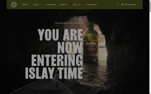 Ardbeg homepage on desktop, not disclosed luxury drinks storefront captured at 1440 x 900