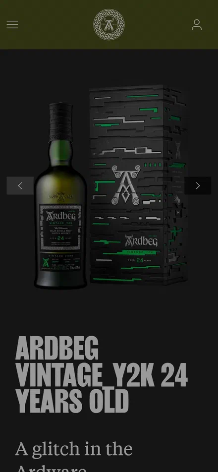 Ardbeg product page on mobile, not disclosed luxury drinks storefront captured at 390 x 844