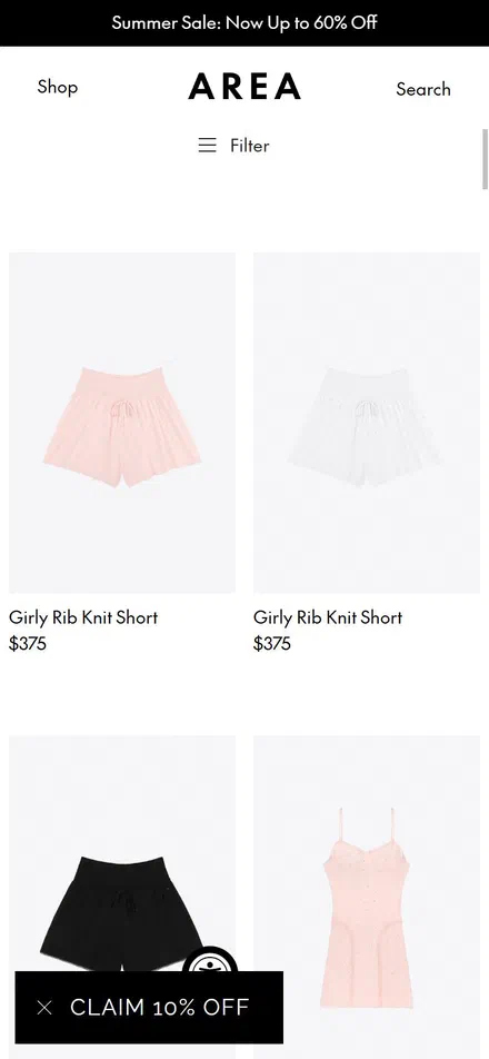 Area collection: $250 to $500 on mobile, Shopify luxury fashion storefront captured at 390 x 844