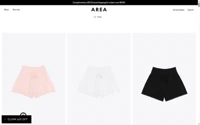 Area collection: $250 to $500 on desktop, Shopify luxury fashion storefront captured at 1440 x 900