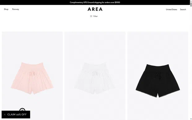 Area collection: $250 to $500 on desktop, Shopify luxury fashion storefront captured at 1440 x 900
