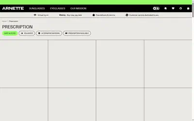 Arnette collection: prescription on desktop, Shopify luxury eyewear storefront captured at 1440 x 900