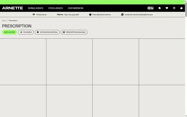 Arnette collection: prescription on desktop, Shopify luxury eyewear storefront captured at 1440 x 900