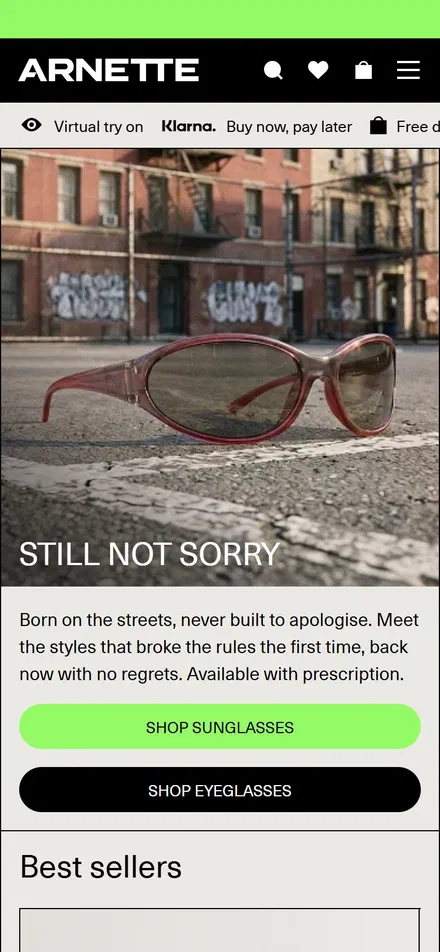 Arnette homepage on mobile, Shopify luxury eyewear storefront captured at 390 x 844