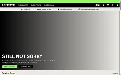 Arnette homepage on desktop, Shopify luxury eyewear storefront captured at 1440 x 900