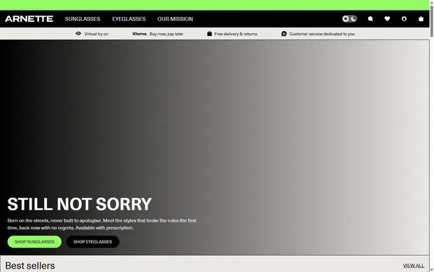 Arnette homepage on desktop, Shopify luxury eyewear storefront captured at 1440 x 900