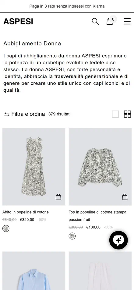 Aspesi collection: abbigliamento donna on mobile, Shopify luxury fashion storefront captured at 390 x 844