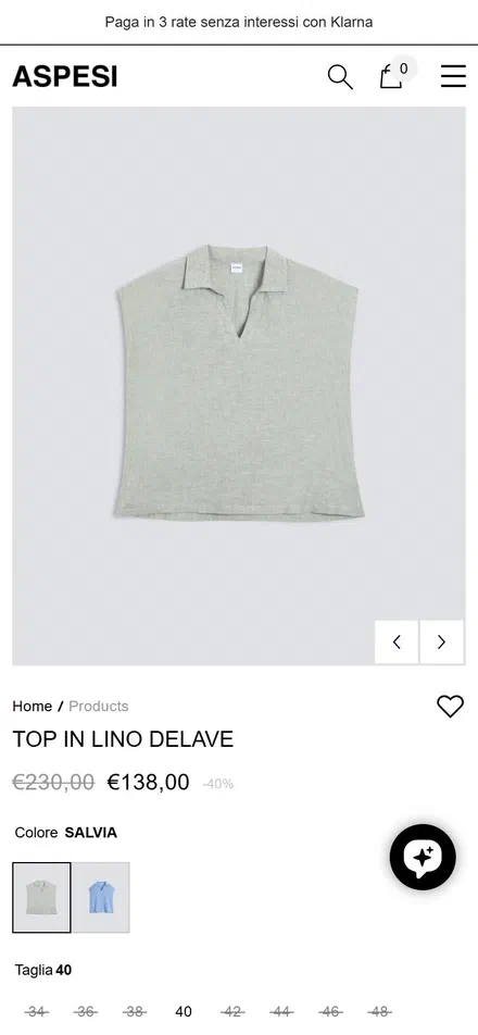 Aspesi product page on mobile, Shopify luxury fashion storefront captured at 390 x 844