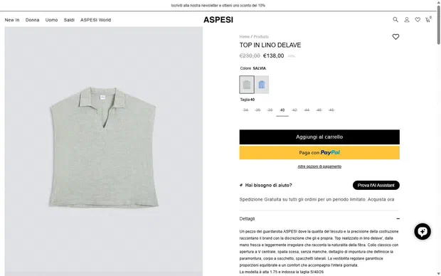 Aspesi product page on desktop, Shopify luxury fashion storefront captured at 1440 x 900