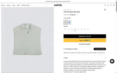 Aspesi product page on desktop, Shopify luxury fashion storefront captured at 1440 x 900