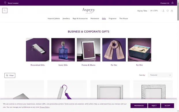 Asprey collection: business & corporate gifts on desktop, Shopify luxury jewelry storefront captured at 1440 x 900
