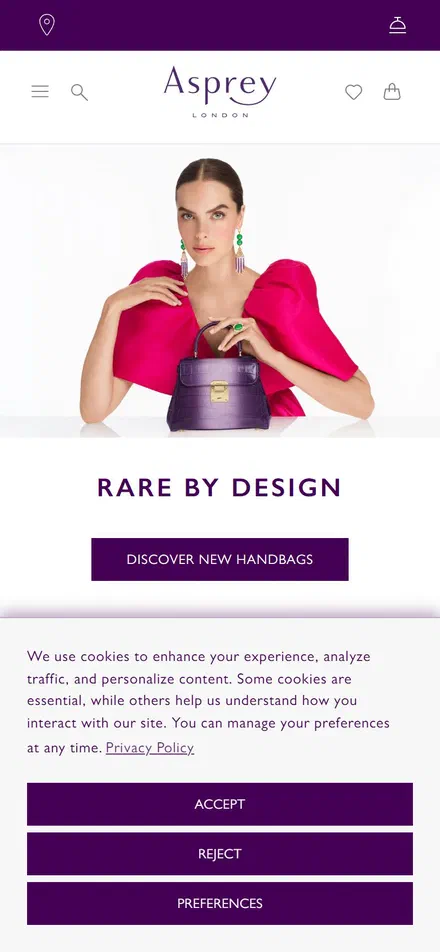 Asprey homepage on mobile, Shopify luxury jewelry storefront captured at 390 x 844