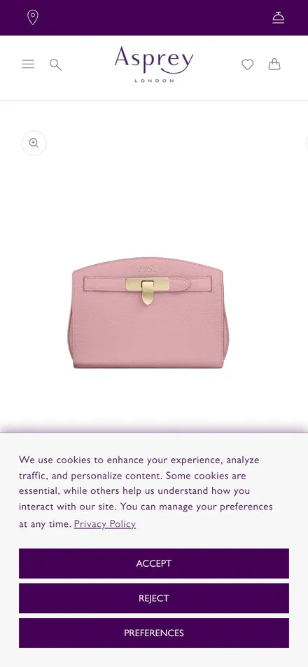 Asprey product page on mobile, Shopify luxury jewelry storefront captured at 390 x 844