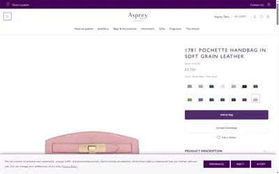 Asprey product page on desktop, Shopify luxury jewelry storefront captured at 1440 x 900