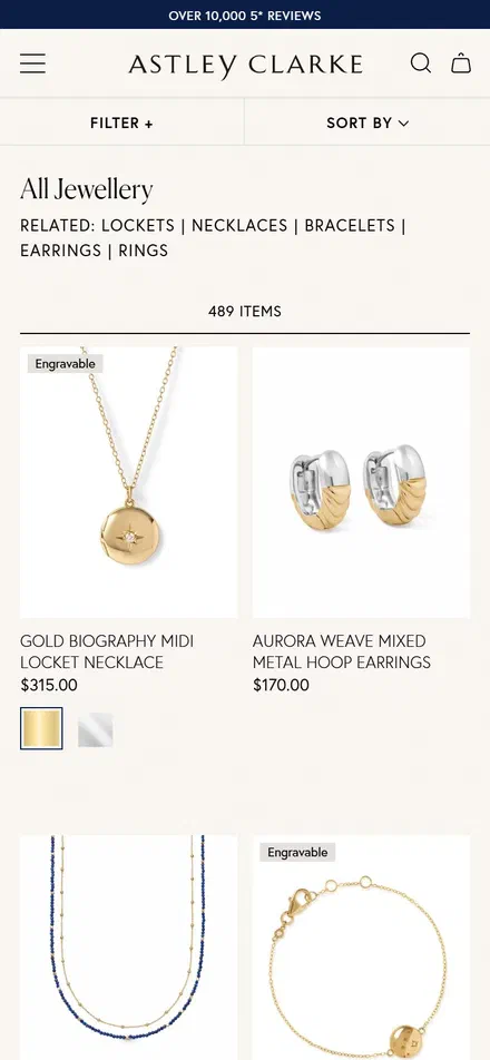 Astley Clarke collection: all jewellery on mobile, Shopify luxury jewelry storefront captured at 390 x 844