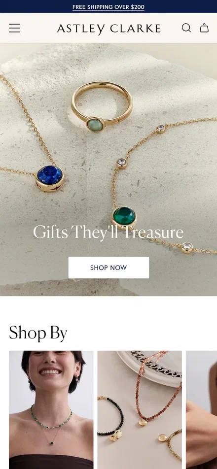 Astley Clarke homepage on mobile, Shopify luxury jewelry storefront captured at 390 x 844