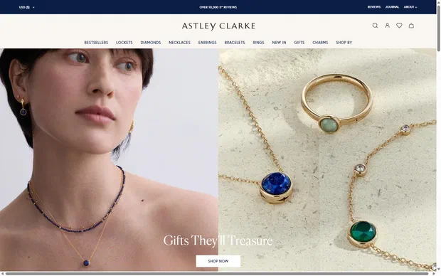 Astley Clarke homepage on desktop, Shopify luxury jewelry storefront captured at 1440 x 900